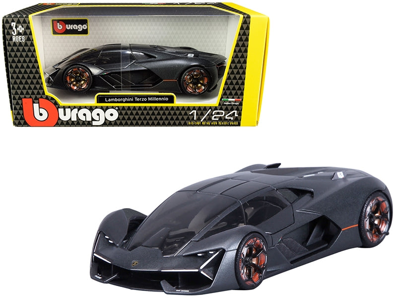 Lamborghini Terzo Millennio Dark Gray Metallic with Black Top and Carbon Accents 1/24 Diecast Model Car by Bburago.