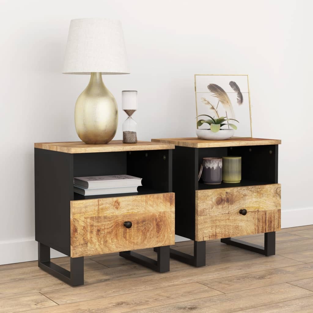 Bedside Cabinet Set of 2 Natural Mango Wood and Black.