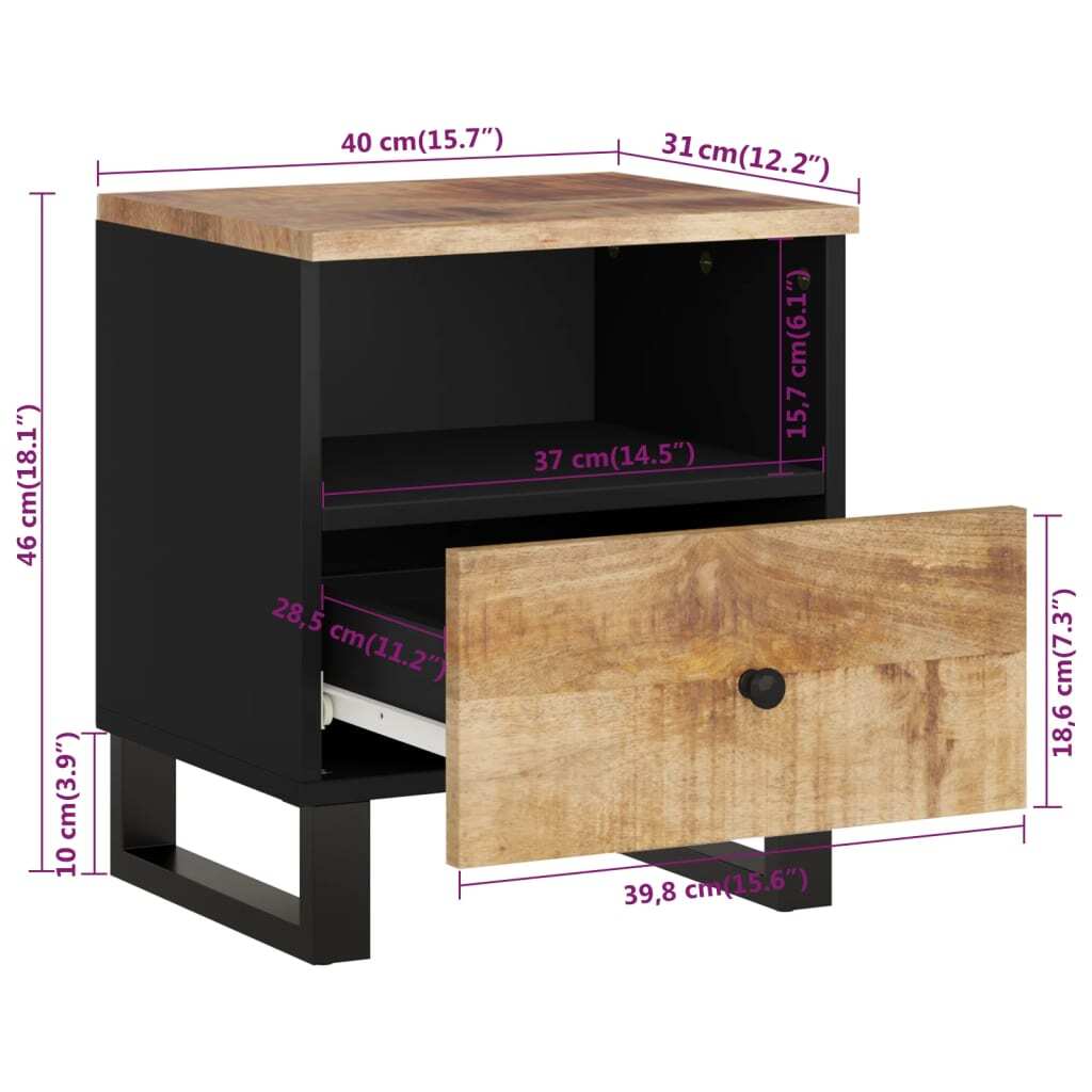 Bedside Cabinet Set of 2 Natural Mango Wood and Black.