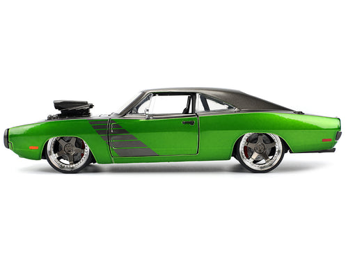 1970 Dodge Charger R/T Dark Gray Metallic and Green Metallic with Dark Gray Stripes "Bigtime Muscle" Series 1/24 Diecast Model Car by Jada.