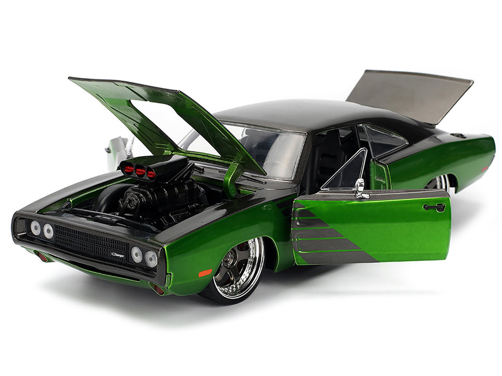 1970 Dodge Charger R/T Dark Gray Metallic and Green Metallic with Dark Gray Stripes "Bigtime Muscle" Series 1/24 Diecast Model Car by Jada.