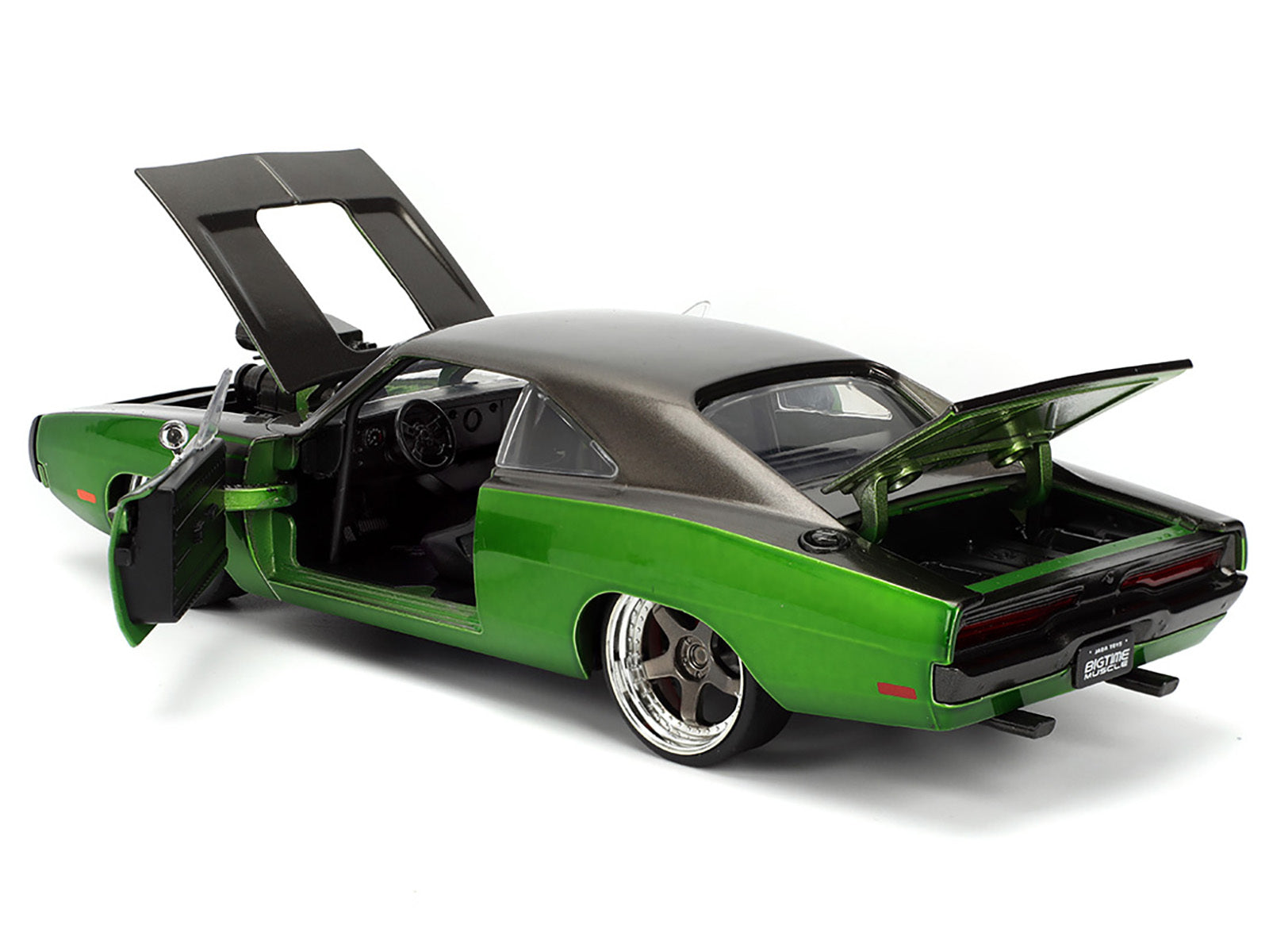 1970 Dodge Charger R/T Dark Gray Metallic and Green Metallic with Dark Gray Stripes "Bigtime Muscle" Series 1/24 Diecast Model Car by Jada.