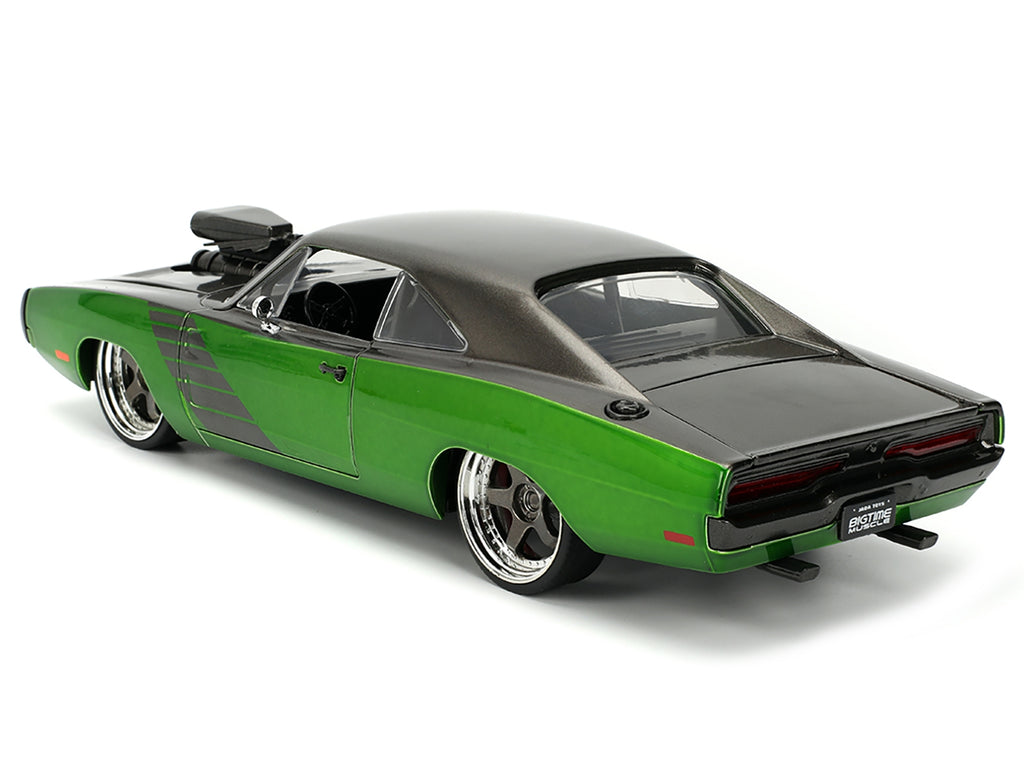 1970 Dodge Charger R/T Dark Gray Metallic and Green Metallic with Dark Gray Stripes "Bigtime Muscle" Series 1/24 Diecast Model Car by Jada.