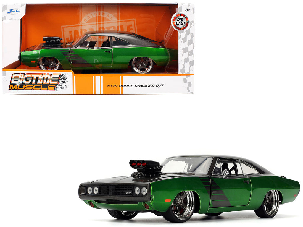 1970 Dodge Charger R/T Dark Gray Metallic and Green Metallic with Dark Gray Stripes "Bigtime Muscle" Series 1/24 Diecast Model Car by Jada.