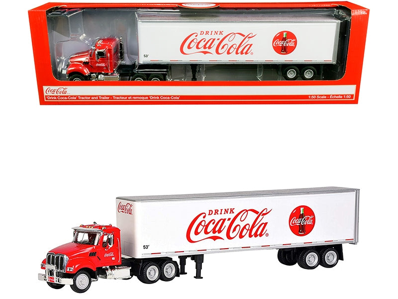 Truck Tractor with 53' Trailer "Drink Coca-Cola" Red and White 1/50 Diecast Model by Motorcity Classics.