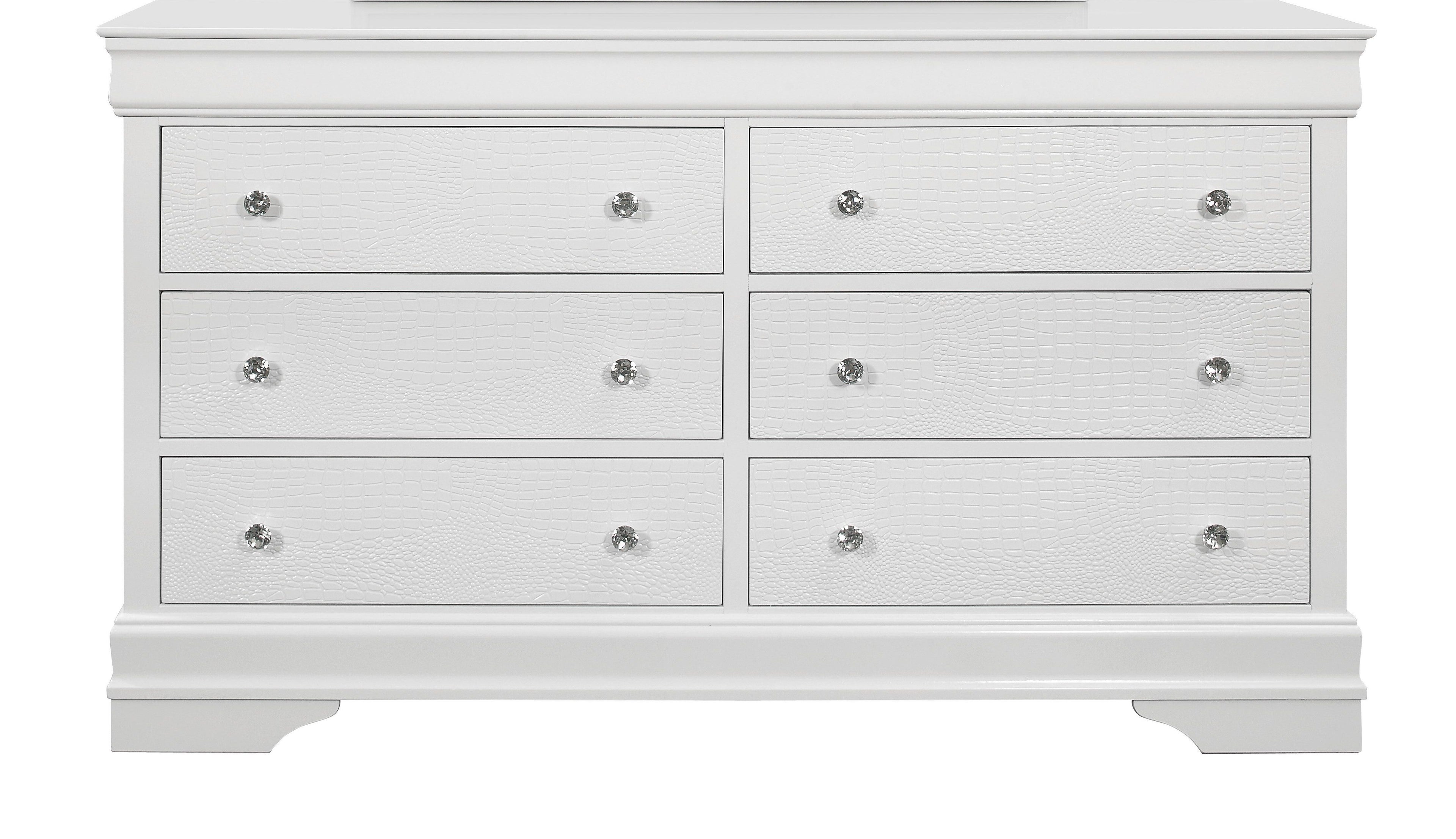 58" Metallic White Solid Wood Six Drawer Double Dresser.