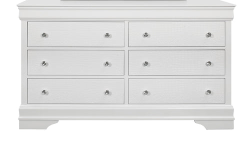 58" Metallic White Solid Wood Six Drawer Double Dresser.