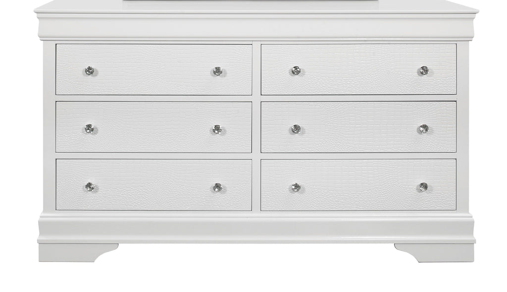 58" Metallic White Solid Wood Six Drawer Double Dresser.