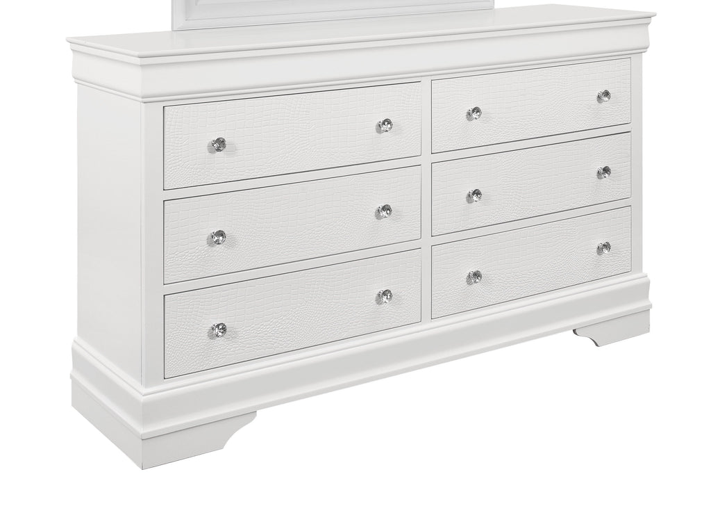 58" Metallic White Solid Wood Six Drawer Double Dresser.