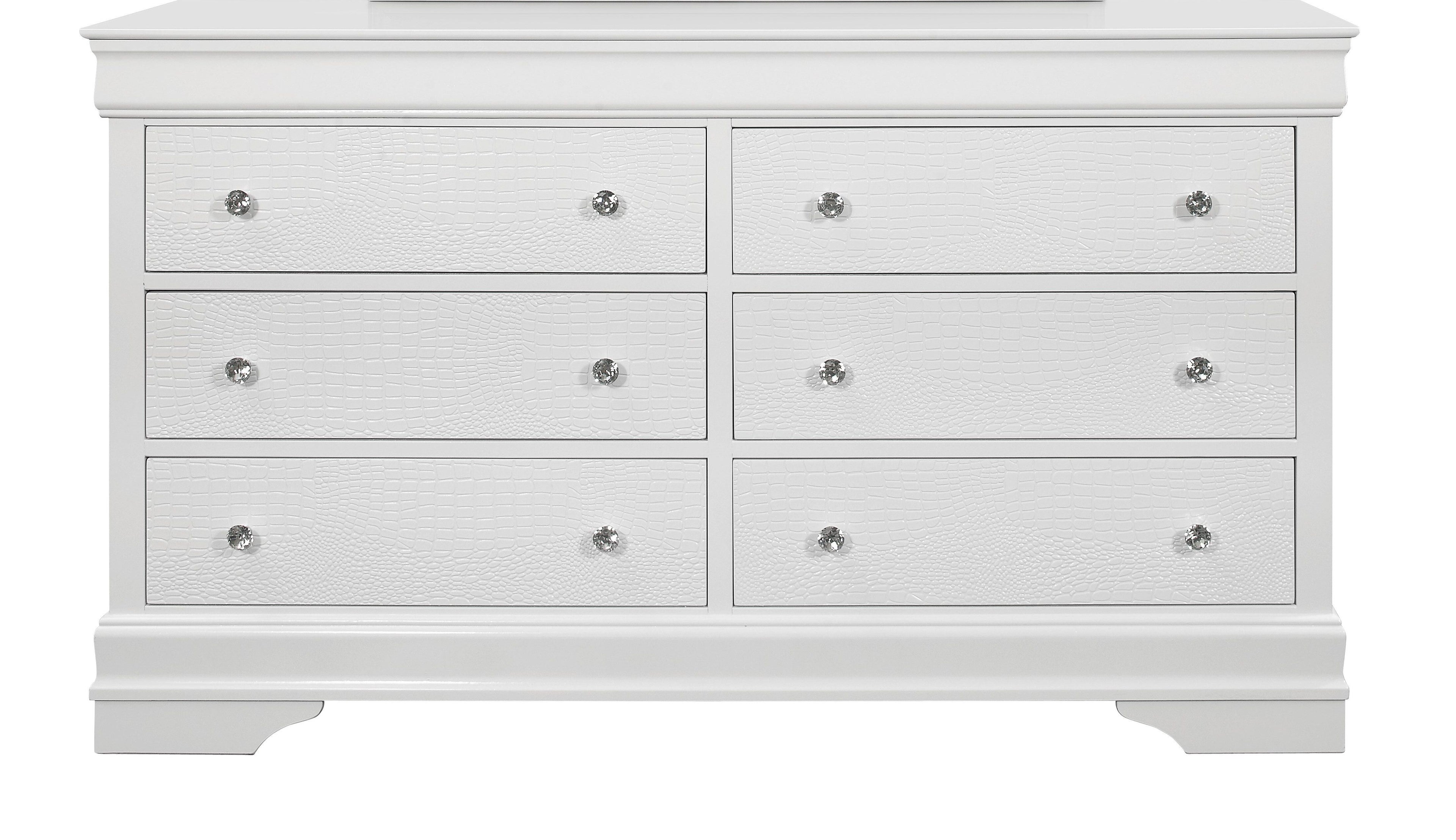 58" Metallic White Solid Wood Six Drawer Double Dresser.