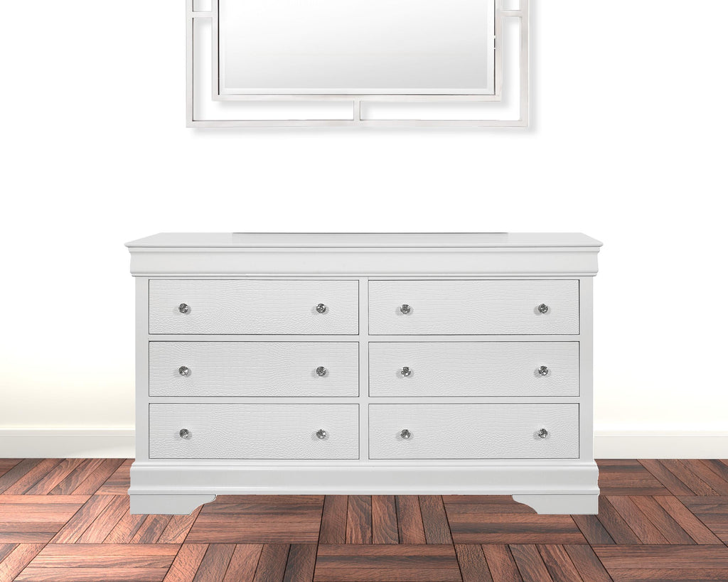 58" Metallic White Solid Wood Six Drawer Double Dresser.