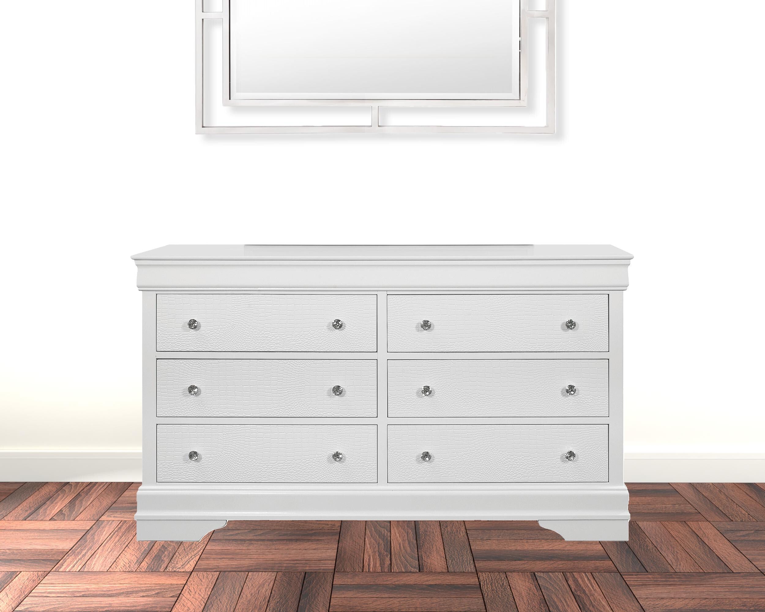 58" Metallic White Solid Wood Six Drawer Double Dresser.