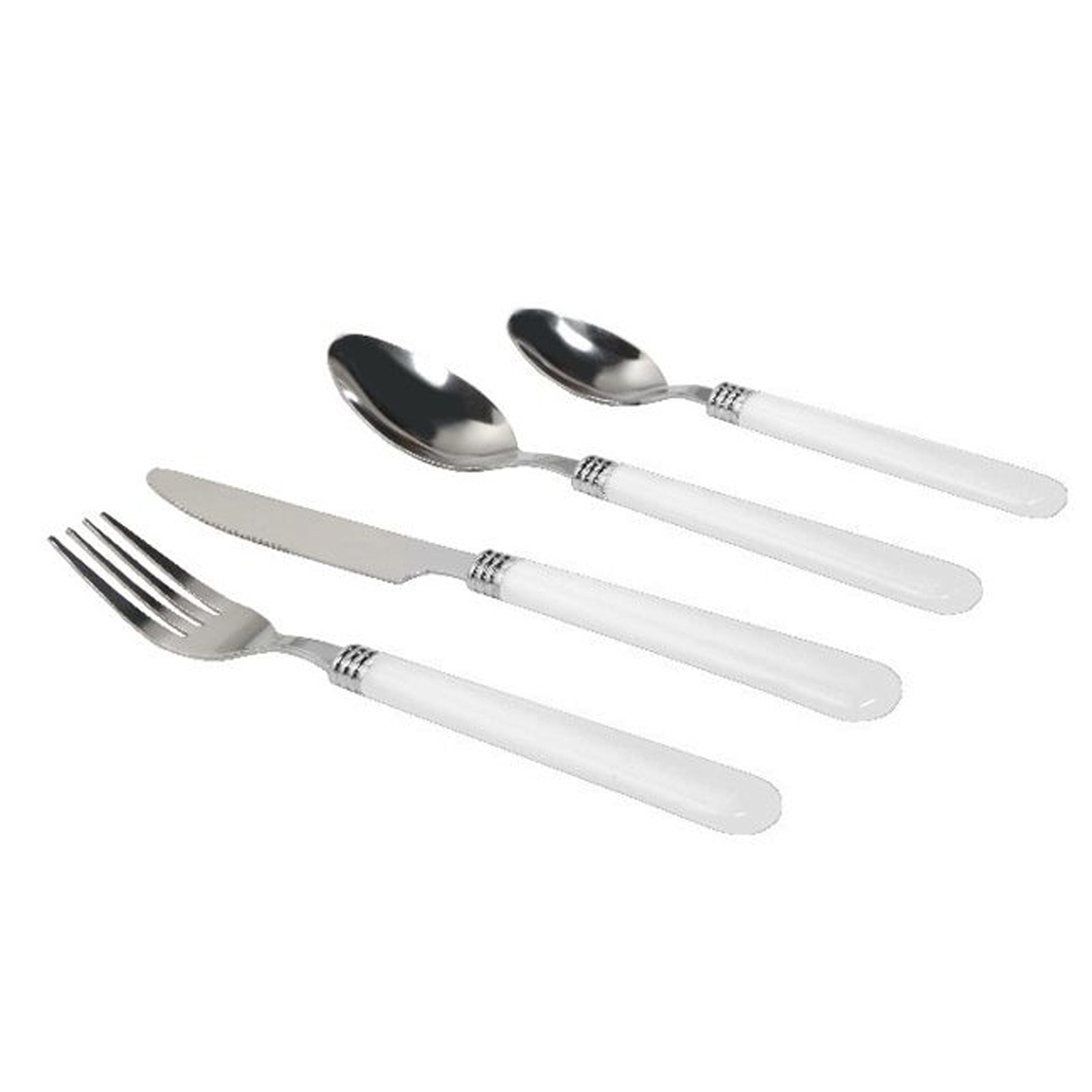 Gibson Sensations II 16 Piece Stainless Steel Flatware Set with White Handles and Chrome Caddy.