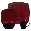 Gibson Soho Lounge 16 Piece Square Stoneware Dinnerware Set in Red and Black.