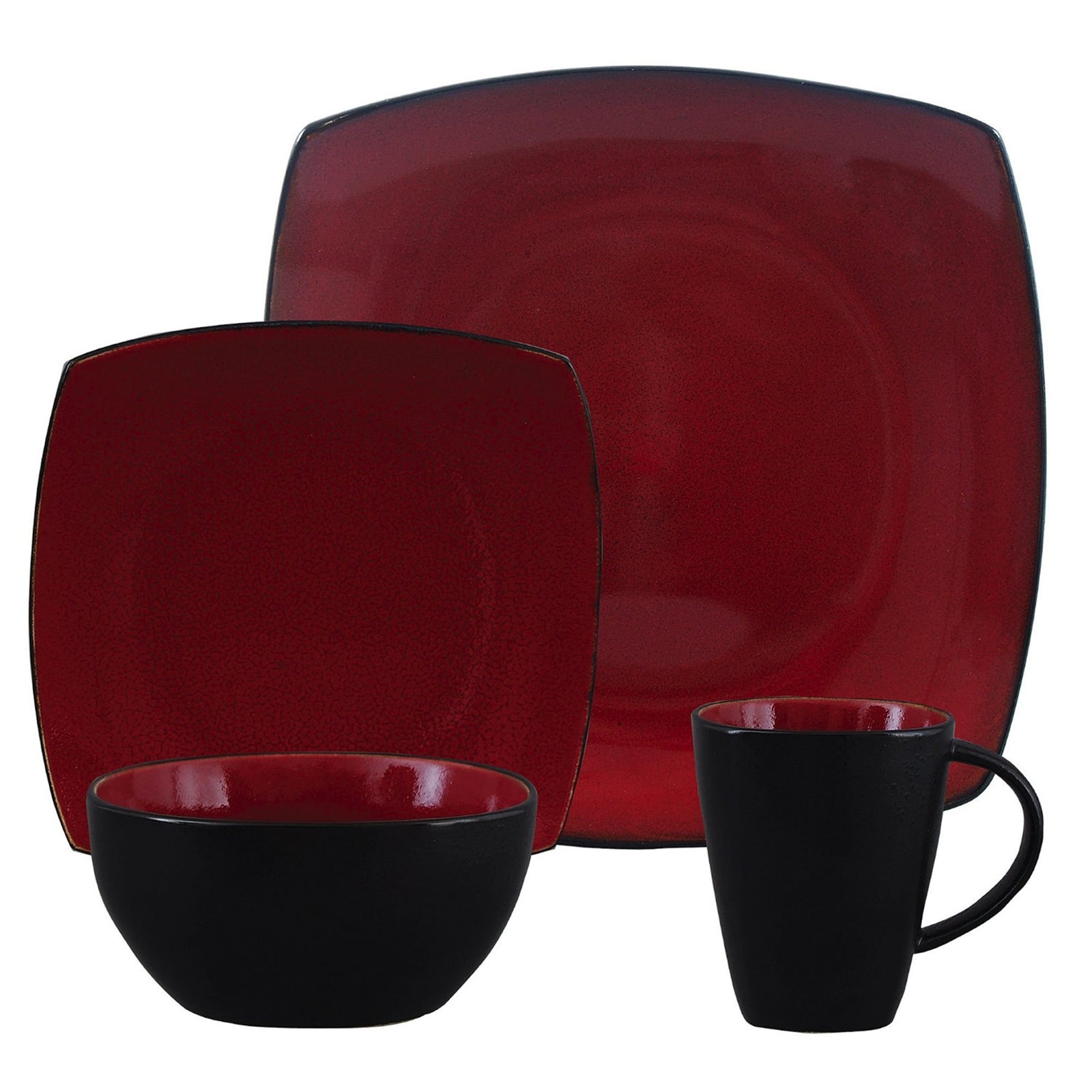 Gibson Soho Lounge 16 Piece Square Stoneware Dinnerware Set in Red and Black.