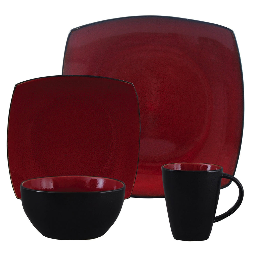 Gibson Soho Lounge 16 Piece Square Stoneware Dinnerware Set in Red and Black.
