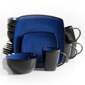 Gibson Soho Lounge 16 Piece Square Stoneware Dinnerware Set in Blue and Black.