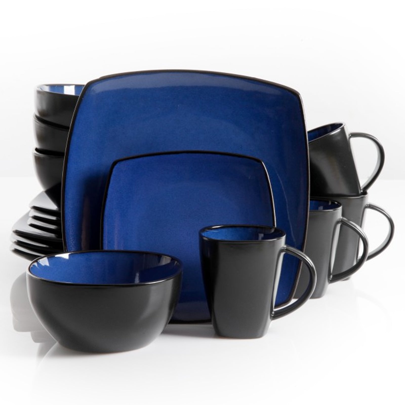 Gibson Soho Lounge 16 Piece Square Stoneware Dinnerware Set in Blue and Black.