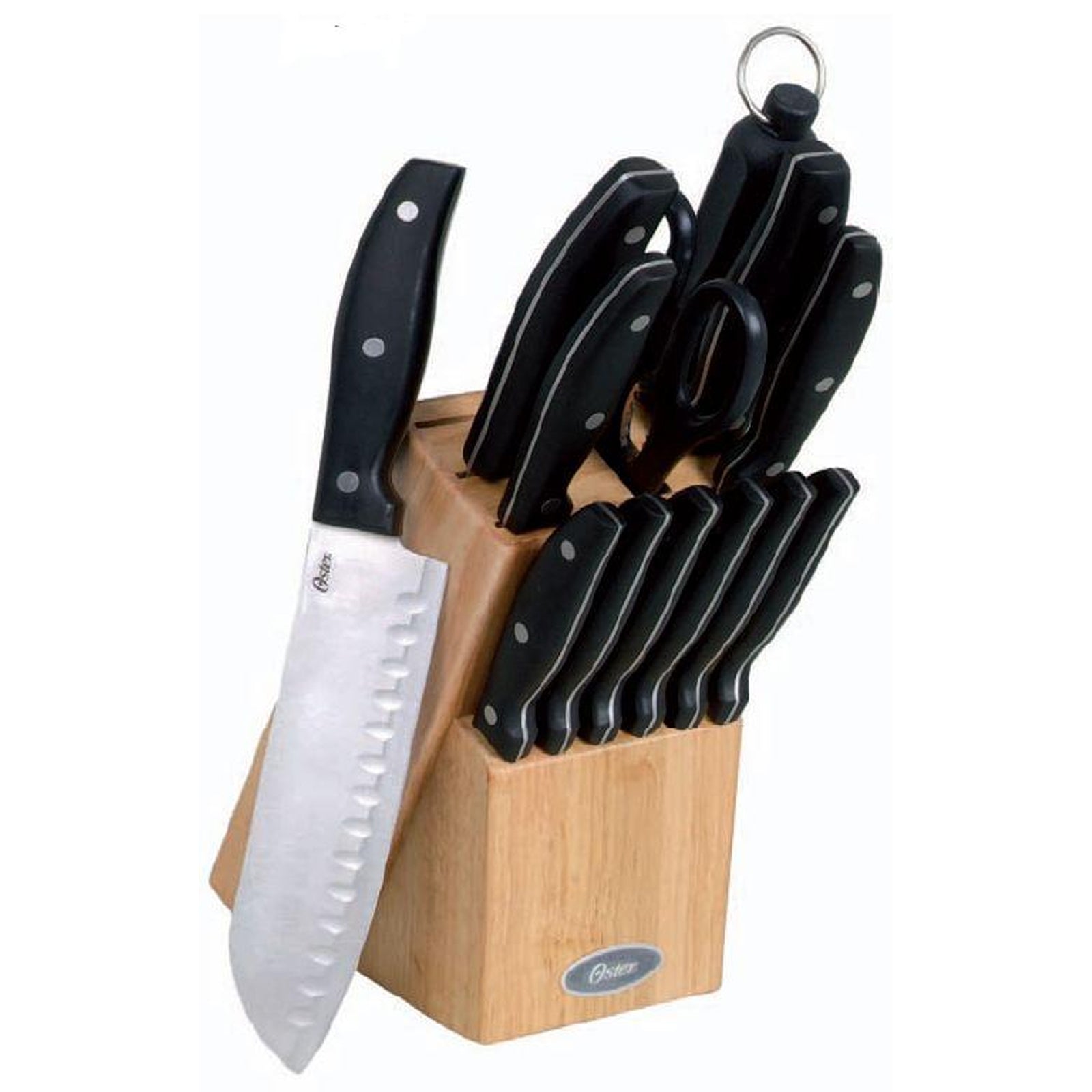 Oster Granger 14 Piece Stainless Steel Cutlery Set with Black Handles and Wooden Block.