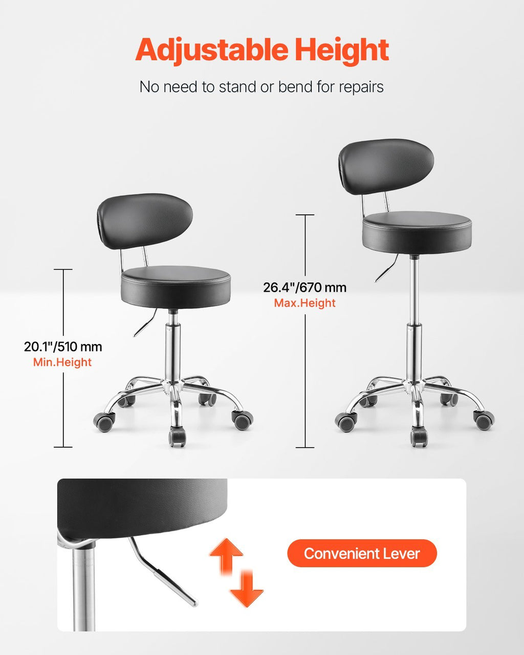 Shop Stool with Backrest, Pneumatic Garage Seat/Work Stool with Wheels, 300 lbs Load.