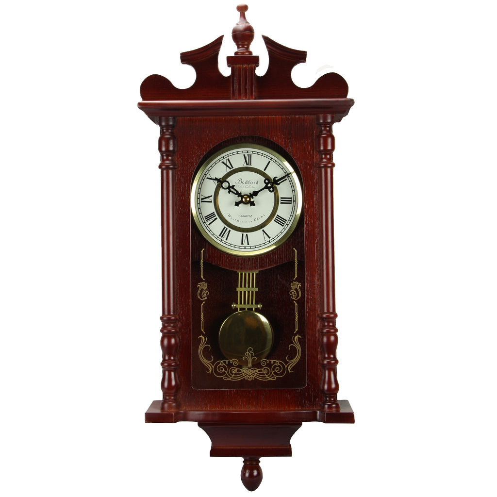 Bedford Collection 25 Inch Wall Clock with Pendulum and Chime in Dark Redwood Oak Finish.