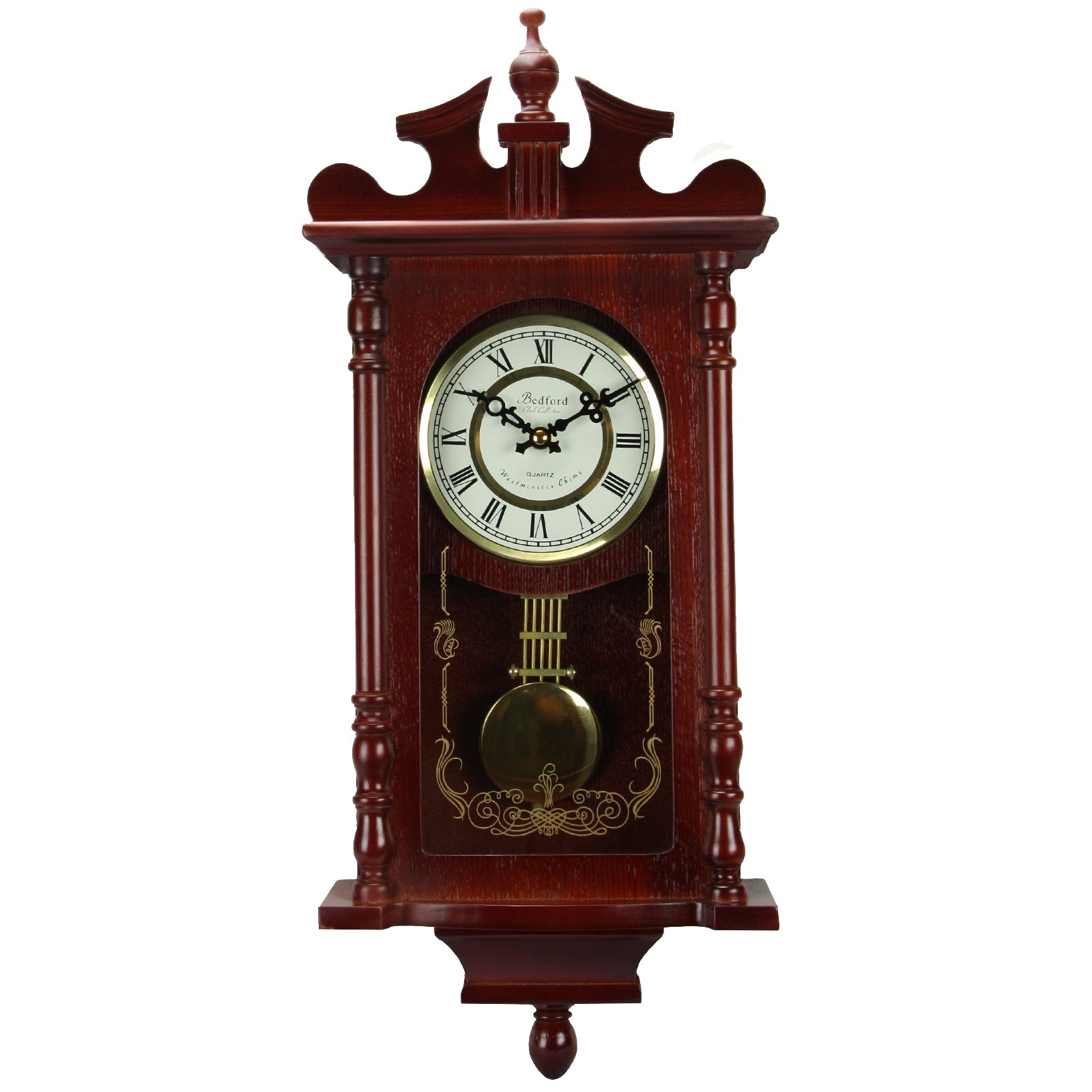 Bedford Collection 25 Inch Wall Clock with Pendulum and Chime in Dark Redwood Oak Finish.