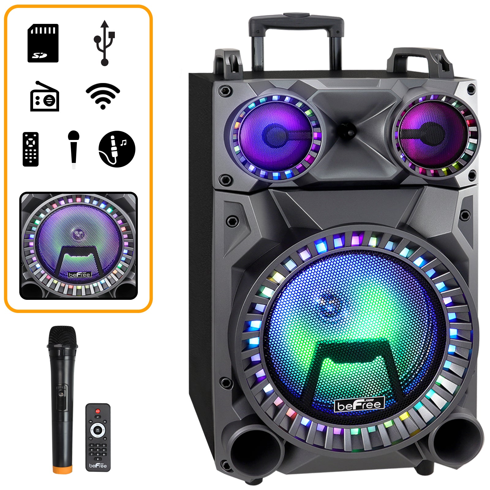 beFree Sound Rechargeable 12 Inch Bluetooth Portable Party Speaker with Party Lights, FM Radio and USB/TF Inputs.