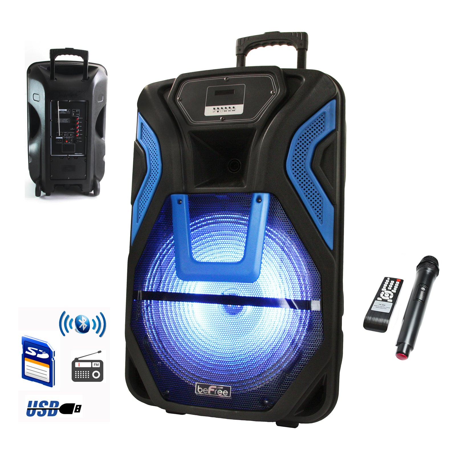 beFree Sound 15 Inch Rechargeable Bluetooth Portable Party PA Speaker System With SD/FM/USB Inputs.