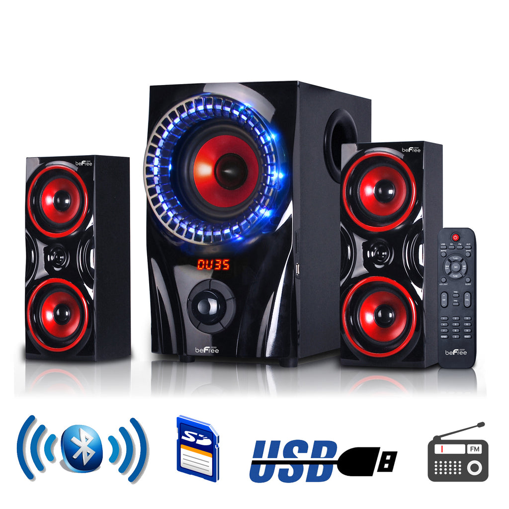 beFree Sound 2.1 Channel Bluetooth Surround Sound Speaker System in Red.