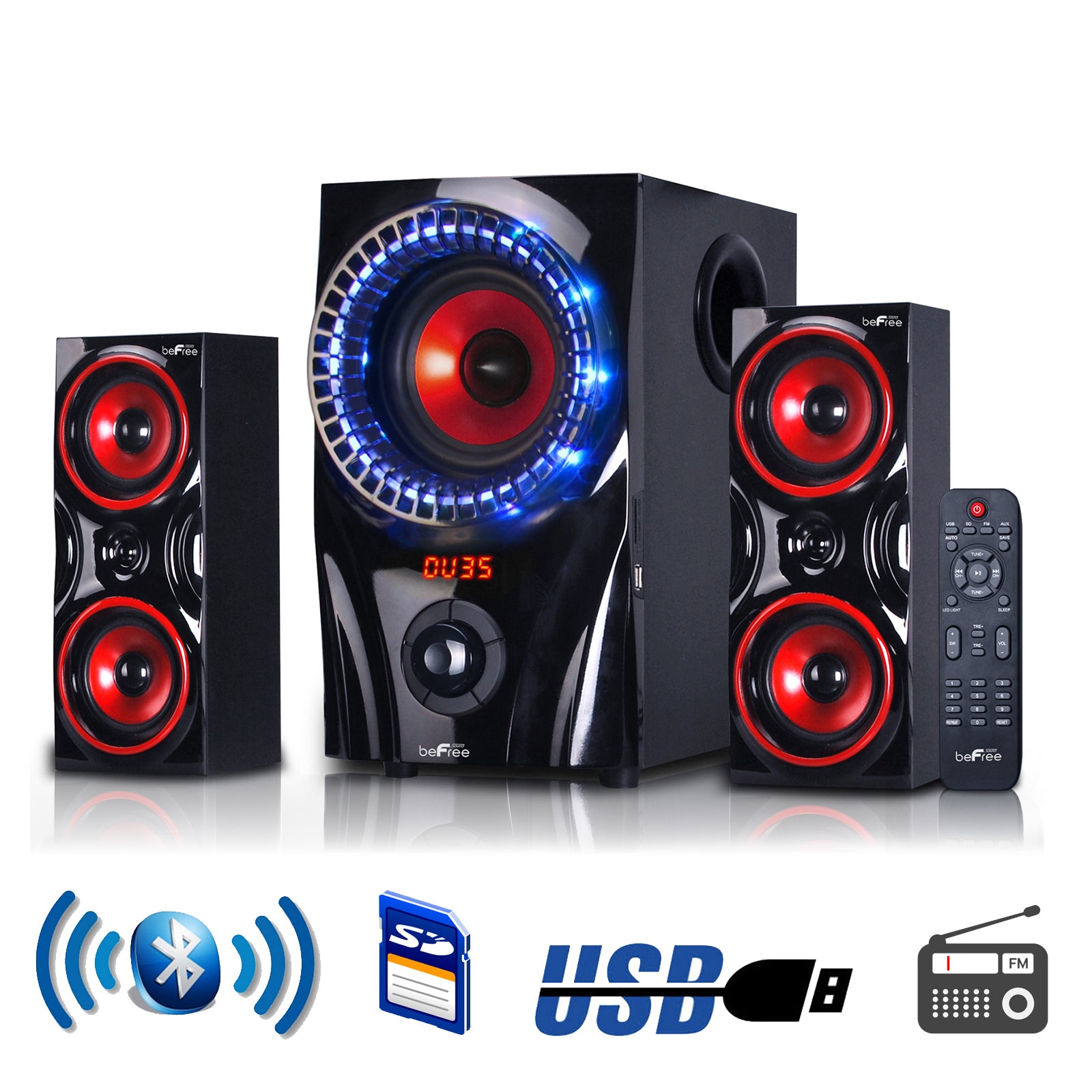 beFree Sound 2.1 Channel Bluetooth Surround Sound Speaker System in Red.