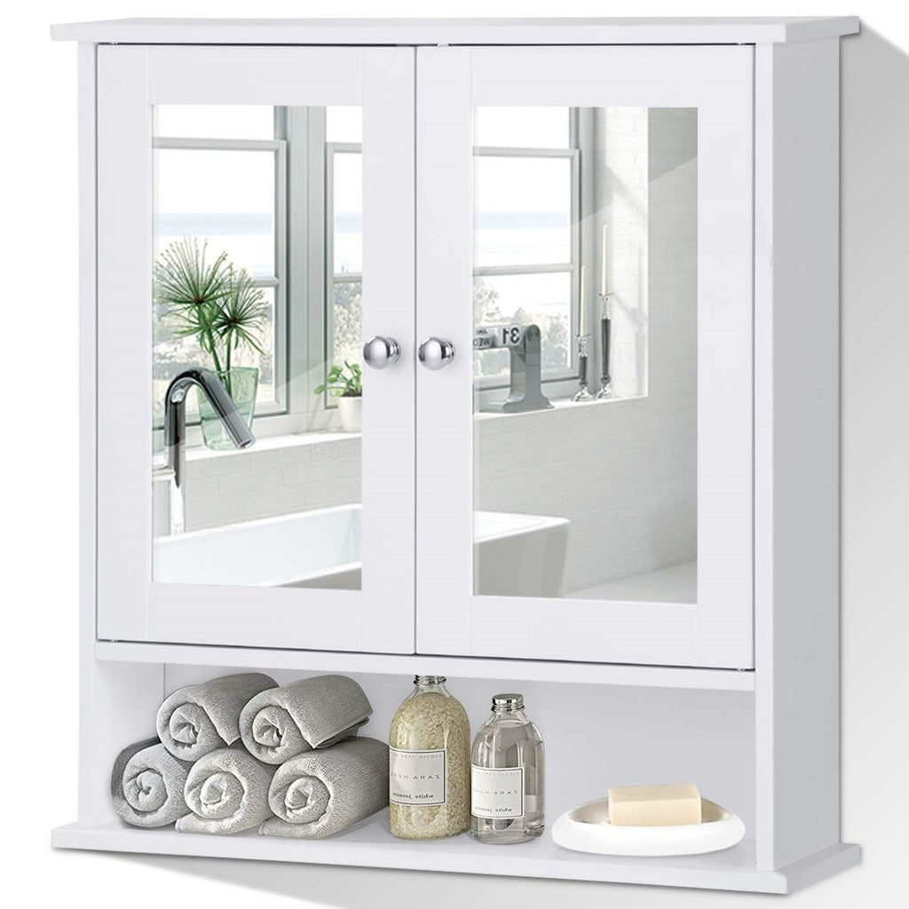 White Bathroom Wall Medicine Cabinet with Mirror and Open Shelf.