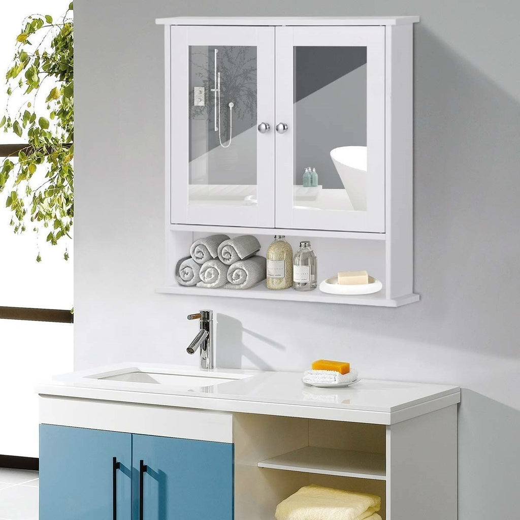 White Bathroom Wall Medicine Cabinet with Mirror and Open Shelf.