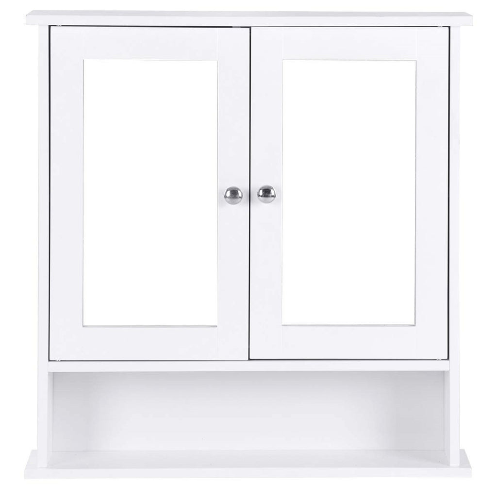 White Bathroom Wall Medicine Cabinet with Mirror and Open Shelf.