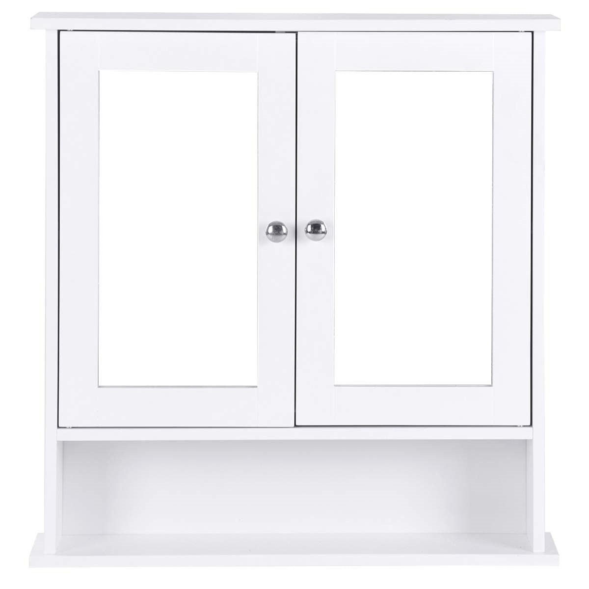 White Bathroom Wall Medicine Cabinet with Mirror and Open Shelf.