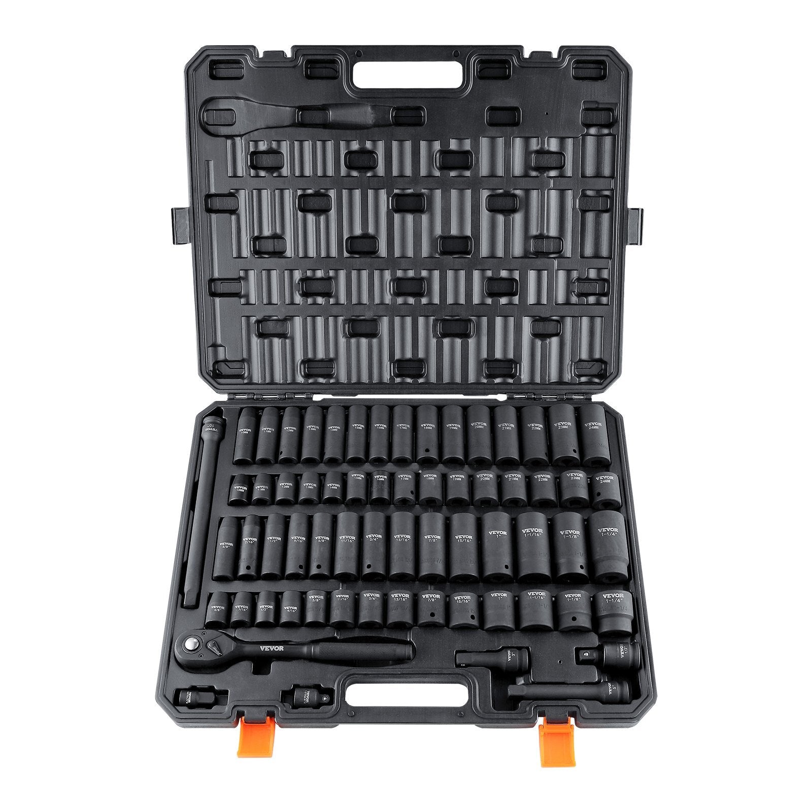 1/2" Drive Impact Socket Set, 65 Piece Socket Set SAE 3/8" to 1-1/4" and Metric 10-24mm, 6 Point.