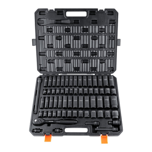 1/2" Drive Impact Socket Set, 65 Piece Socket Set SAE 3/8" to 1-1/4" and Metric 10-24mm, 6 Point.