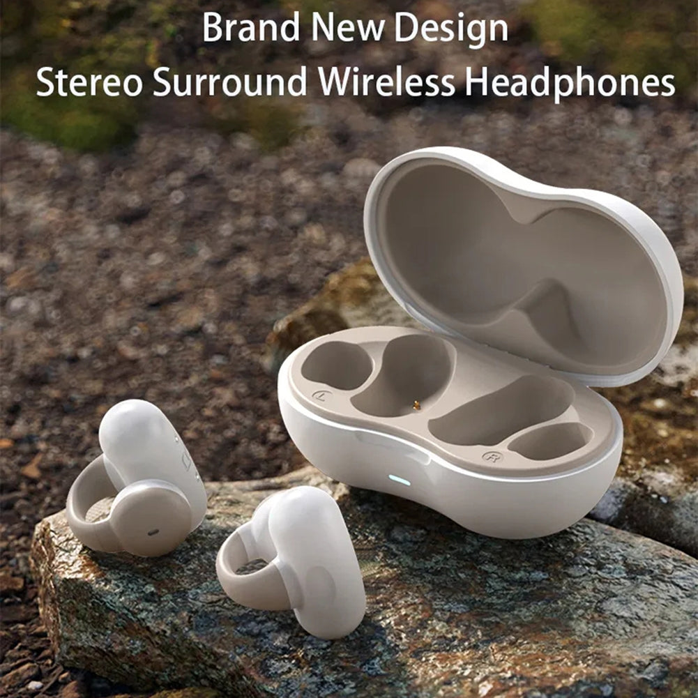 Bone Conduction Bluetooth 5.3 Headphones Ear Clip-On Wireless Sports Earphone Noise Reduction Headset Pink White.