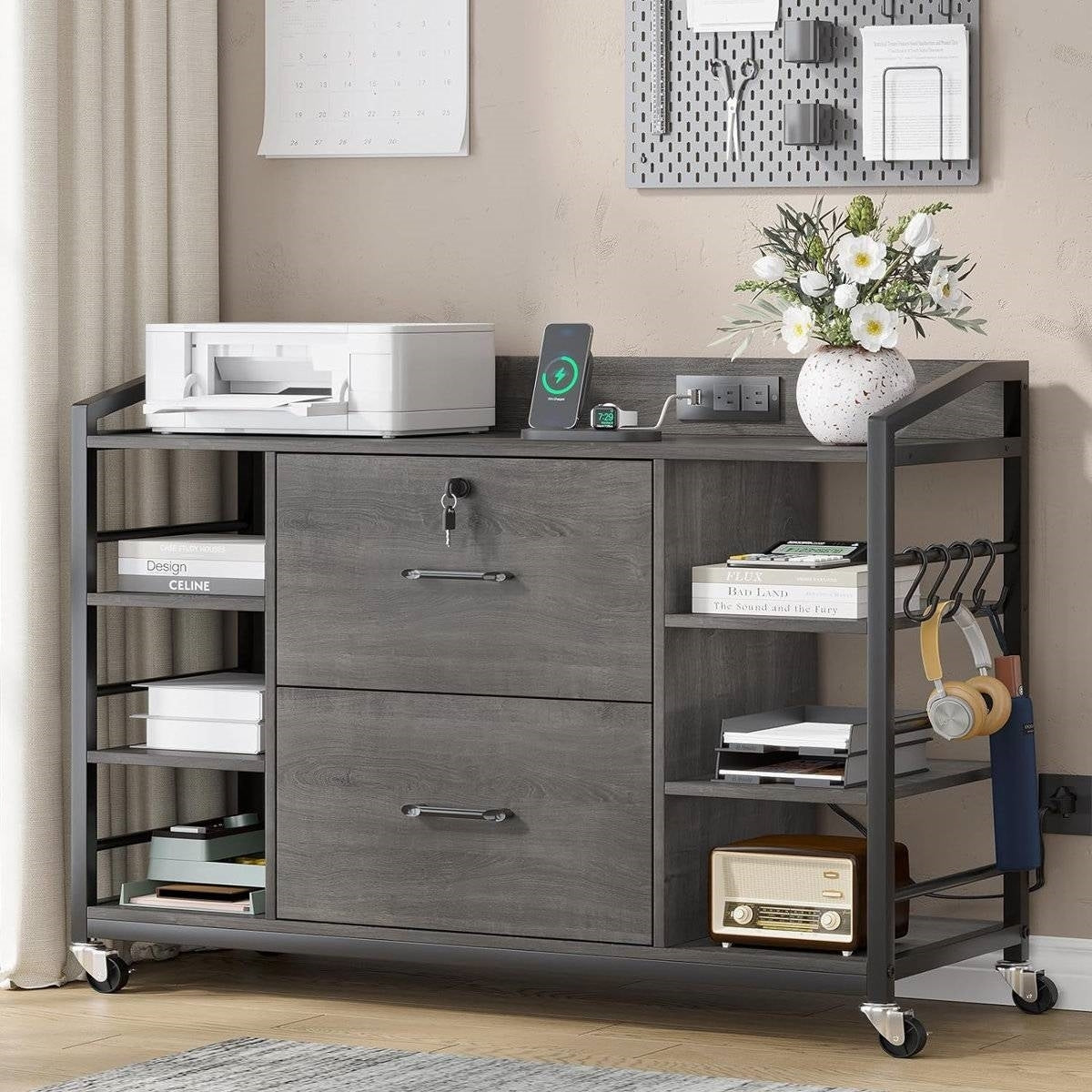 Grey Printer Stand Bookcase Power Station Mobile Office File Cabinet.