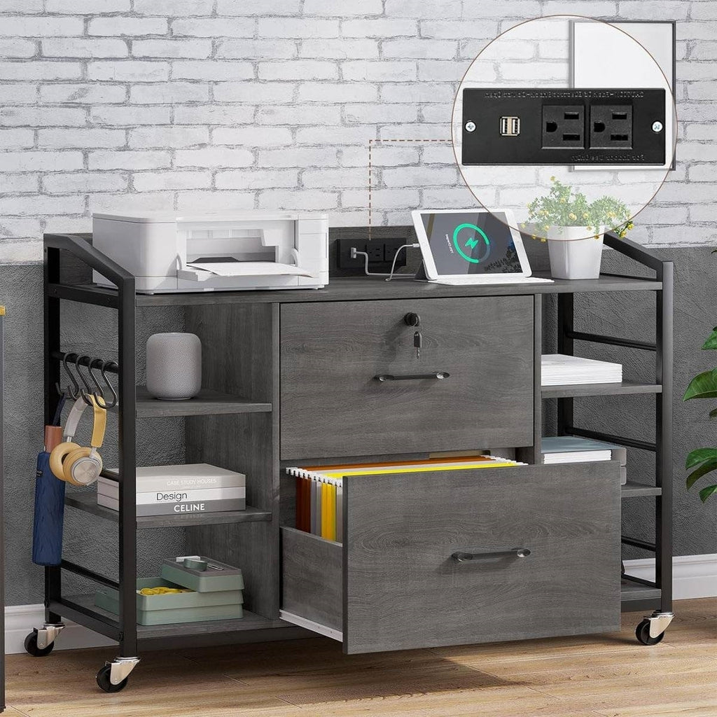 Grey Printer Stand Bookcase Power Station Mobile Office File Cabinet.