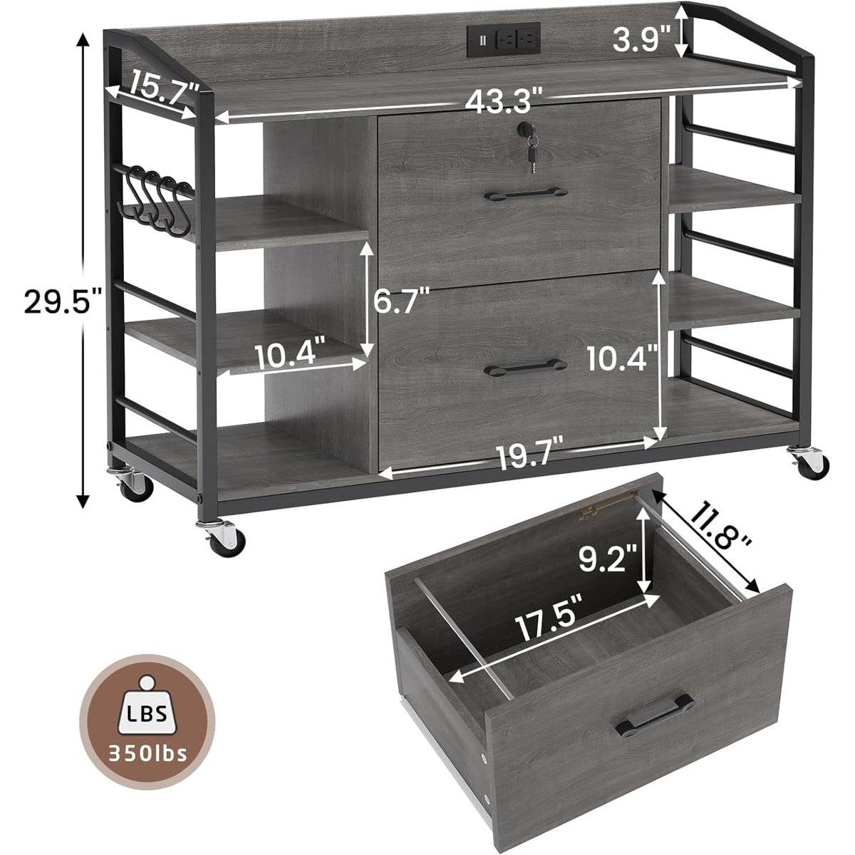 Grey Printer Stand Bookcase Power Station Mobile Office File Cabinet.