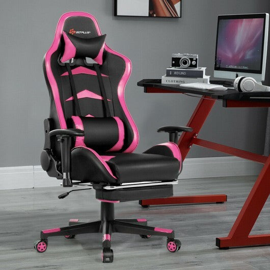 Massage Gaming Chair with Footrest-Pink - Color: Pink.