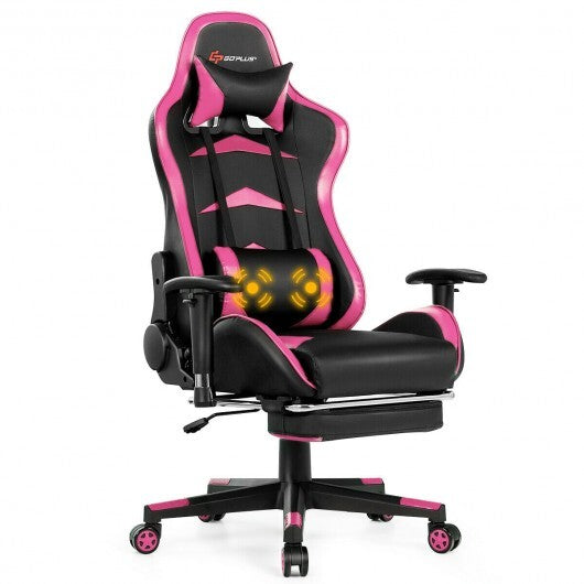 Massage Gaming Chair with Footrest-Pink - Color: Pink.