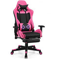 PU Leather Gaming Chair with USB Massage Lumbar Pillow and Footrest -Pink - Color: Pink.