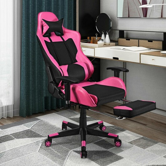 PU Leather Gaming Chair with USB Massage Lumbar Pillow and Footrest -Pink - Color: Pink.