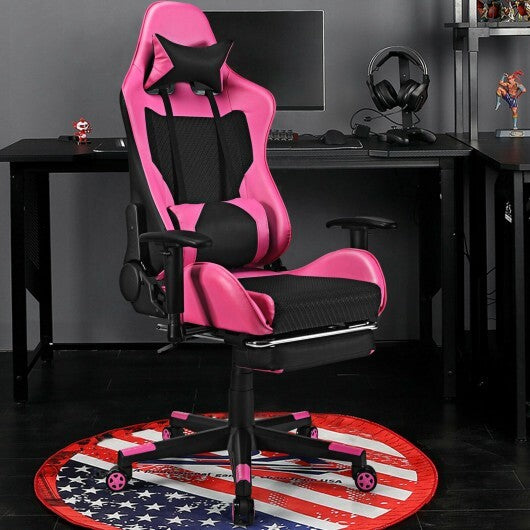 PU Leather Gaming Chair with USB Massage Lumbar Pillow and Footrest -Pink - Color: Pink.