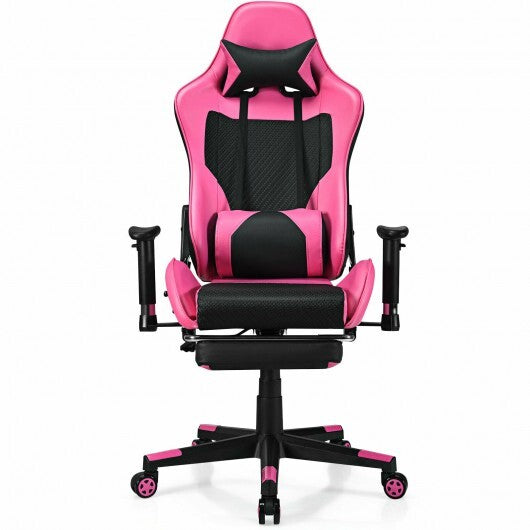 PU Leather Gaming Chair with USB Massage Lumbar Pillow and Footrest -Pink - Color: Pink.