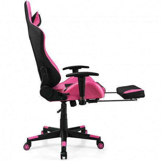 PU Leather Gaming Chair with USB Massage Lumbar Pillow and Footrest -Pink - Color: Pink.