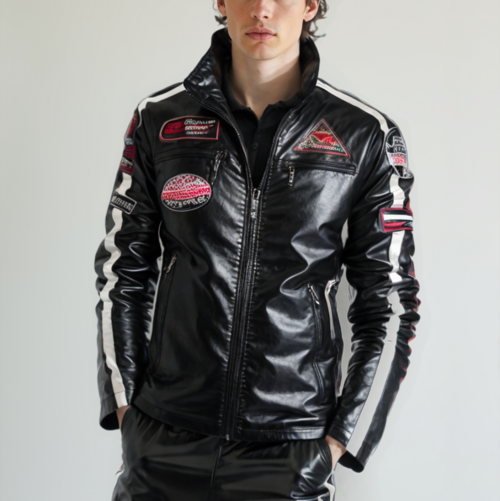 Mens Biker Vegan Leather Jacket With Badges.