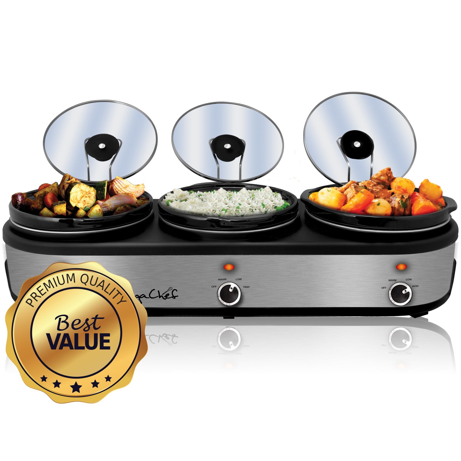MegaChef Triple 2.5 Quart Slow Cooker and Buffet Server in Brushed Silver and Black Finish with 3 Ceramic Cooking Pots and Removable Lid Rests.