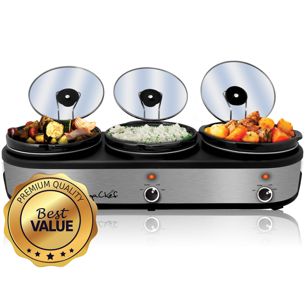 MegaChef Triple 2.5 Quart Slow Cooker and Buffet Server in Brushed Silver and Black Finish with 3 Ceramic Cooking Pots and Removable Lid Rests.